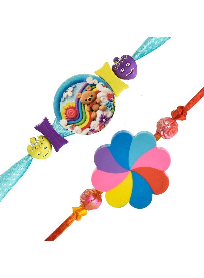 brown leaf ( Pack Of 2 Kids Rakhi Combo Pack Bracelet Thread Rakhi For Raksha Bandhan With Roli Tilak (Style 5) - Image 1