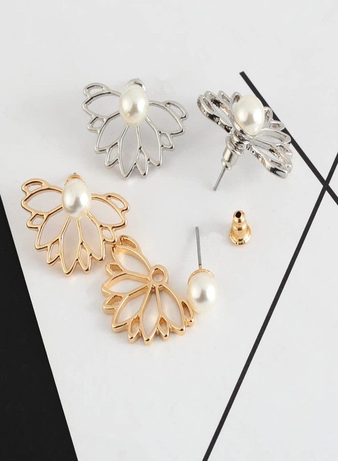 Jumwrit Lotus Flower Ear Jacket Earrings Hollow Lotus Pearl Stud Earrings Chic Front Back Ear Cuffs（Gold） - Image 5