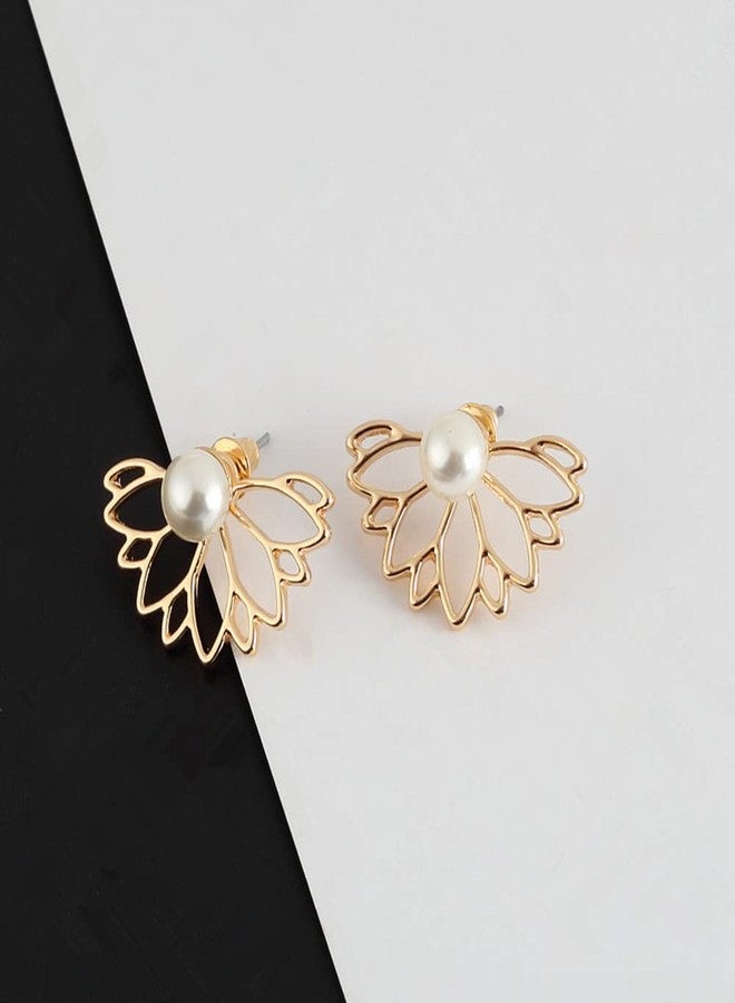 Jumwrit Lotus Flower Ear Jacket Earrings Hollow Lotus Pearl Stud Earrings Chic Front Back Ear Cuffs（Gold） - Image 3