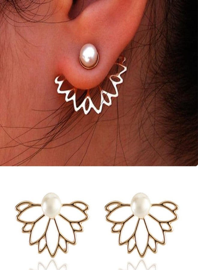 Jumwrit Lotus Flower Ear Jacket Earrings Hollow Lotus Pearl Stud Earrings Chic Front Back Ear Cuffs（Gold） - Image 2