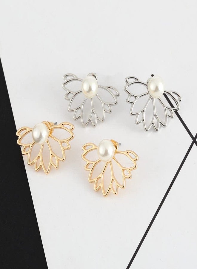 Jumwrit Lotus Flower Ear Jacket Earrings Hollow Lotus Pearl Stud Earrings Chic Front Back Ear Cuffs（Gold） - Image 4