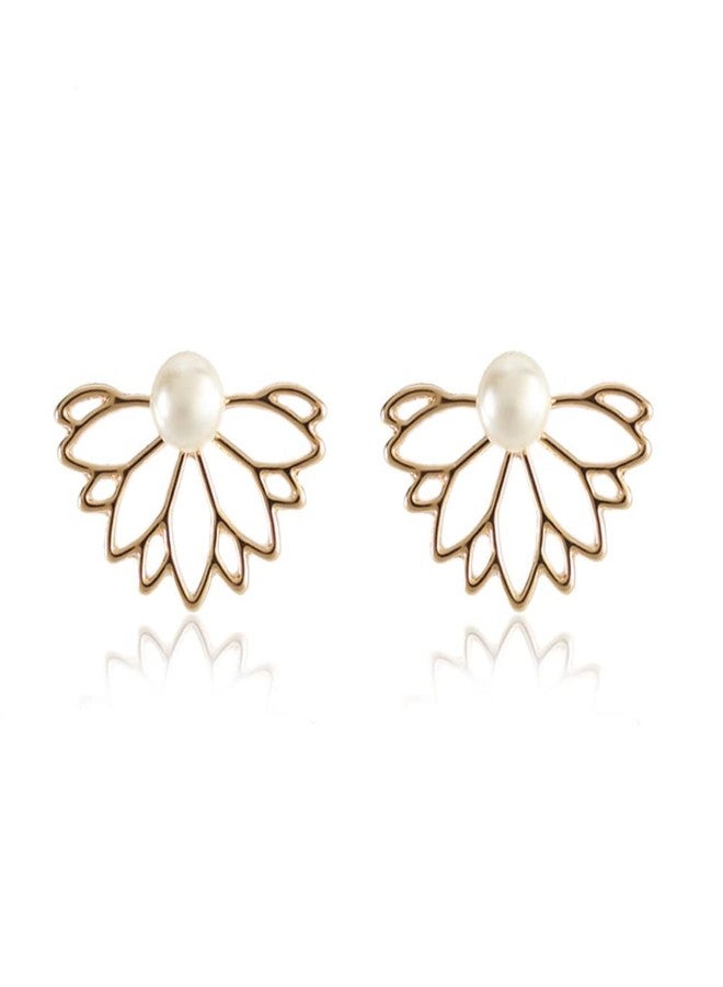 Jumwrit Lotus Flower Ear Jacket Earrings Hollow Lotus Pearl Stud Earrings Chic Front Back Ear Cuffs（Gold） - Image 1