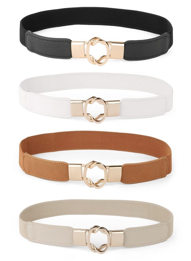 WERFORU Women Skinny Belt for Dresses Retro Stretch Waist Belt with Gold Buckle Set of 4, D-black+brown+white+beige, Fits Waist 29"-40" - Image 1