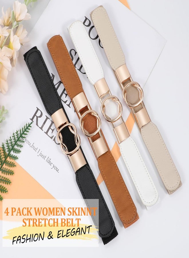 WERFORU Women Skinny Belt for Dresses Retro Stretch Waist Belt with Gold Buckle Set of 4, D-black+brown+white+beige, Fits Waist 29"-40" - Image 2