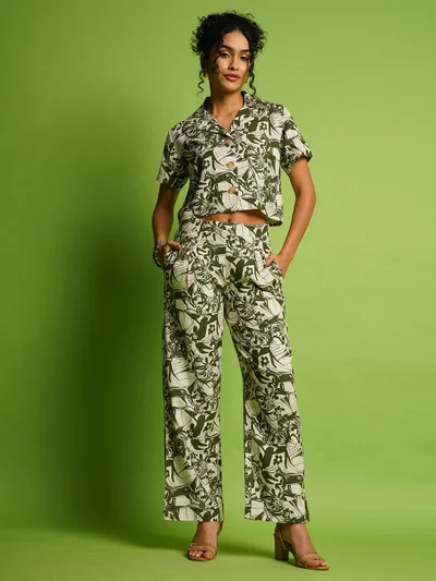 globus Women Black Floral Printed Notched Lapel Linen Casual Crop Shirt With Trousers