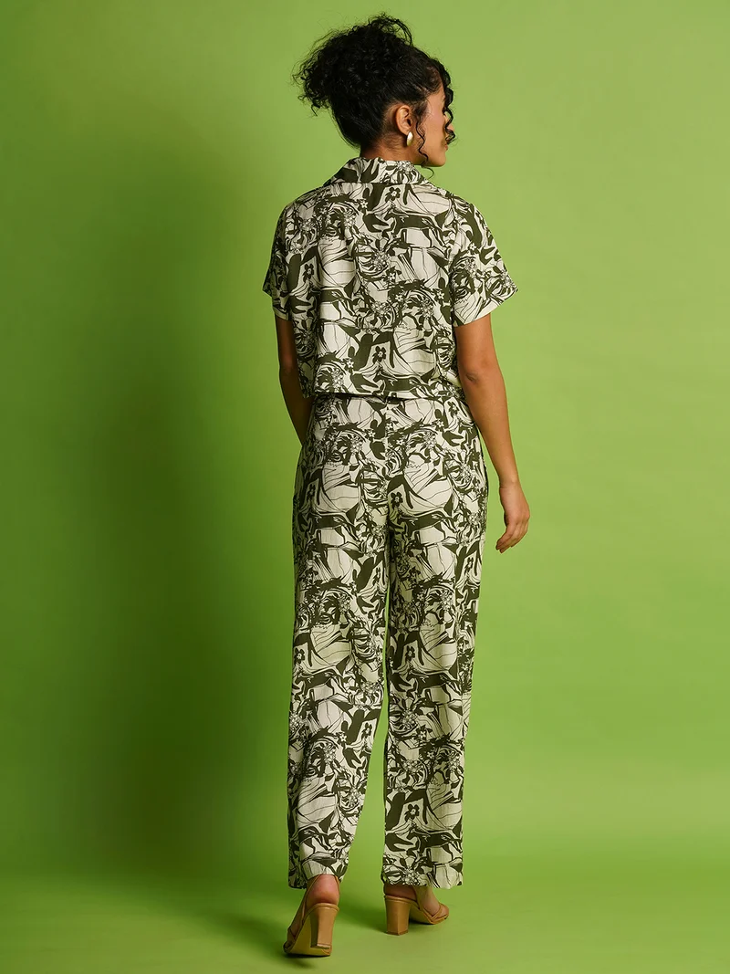 globus Women Black Floral Printed Notched Lapel Linen Casual Crop Shirt With Trousers