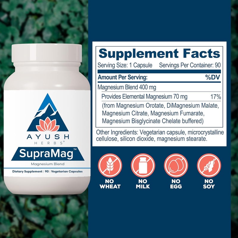 Ayush Herbs SupraMag  Magnesium Blend 400mg Magnesium Complex Supplement with Chelated Magnesium Bisglycinate Citrate Ororate for Sleep Energy  Brain Health  90 Vegetarian Capsules 1 Count - Image 3