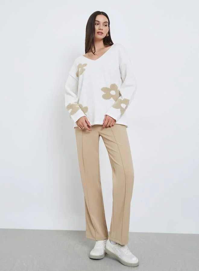 Take Two Take Two White Floral Jacquard Oversized Knit Sweater