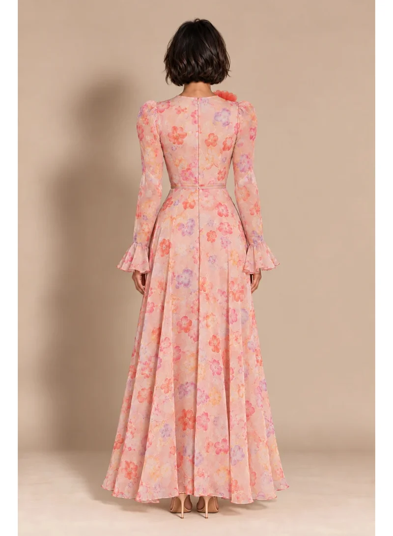 2Trendy Womens Pink Floral Maxi Dress with Long Flared Sleeves Waist Tie and Flower Shoulder Detail