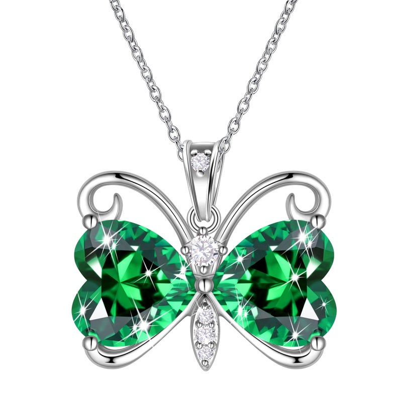 Juwaliy Green Butterfly Necklace Heart May Birthstone Necklace Emerald Pendant Jewelry Women Christmas Birthday Mother's Day Gift for Mom Grandma Wife - Image 1