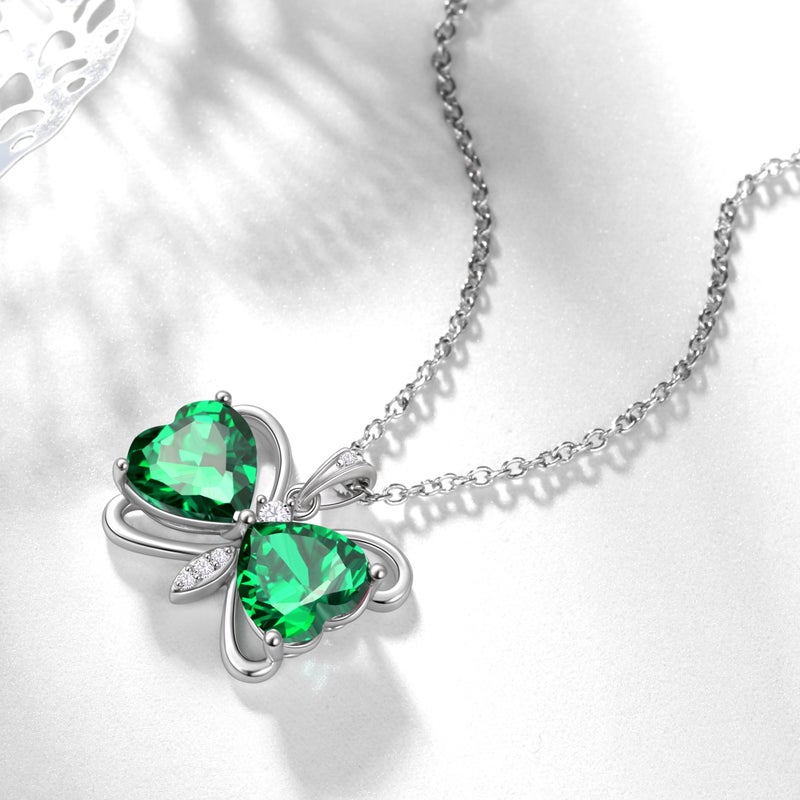 Juwaliy Green Butterfly Necklace Heart May Birthstone Necklace Emerald Pendant Jewelry Women Christmas Birthday Mother's Day Gift for Mom Grandma Wife - Image 2