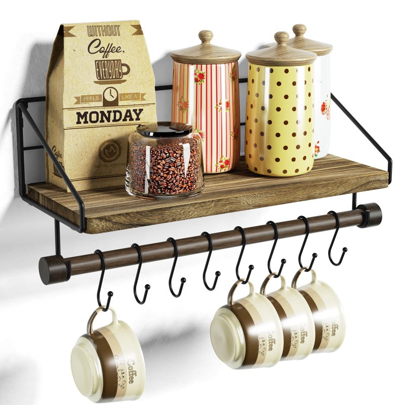 Alsonerbay Floating Shelves Wall Mounted Solid Wood Wall Shelf Decorative Storage Shelf with 8 Removable Hooks Towel Bar and Foldable Metal Grid Bracket for Bathroom Kitchen Carbonized Black
