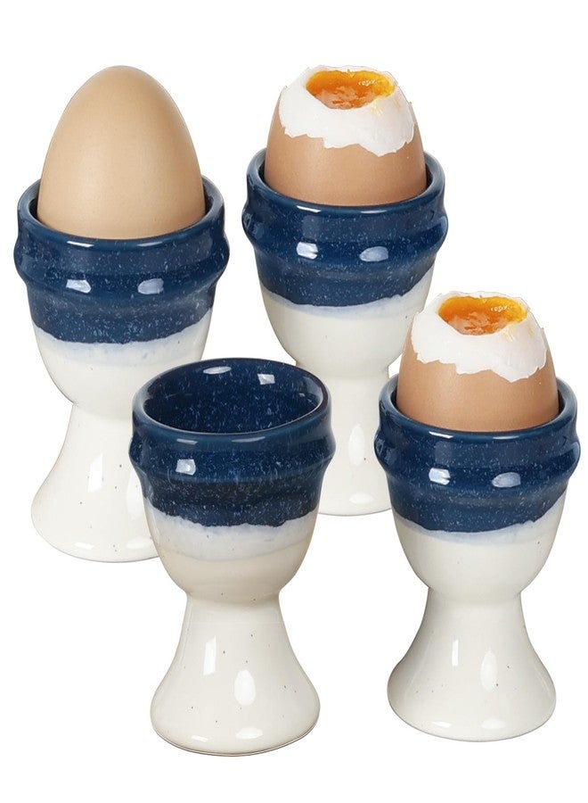 INGOFIN 4 Pcs Ceramic Egg Cups, Egg Holder for Soft and Hard Boiled Eggs, Store and Serve Easter Egg Holder, Tray Kitchen Gadgets Tools, for Home Breakfast & Cafe Decor, Blue&Beige - Image 1