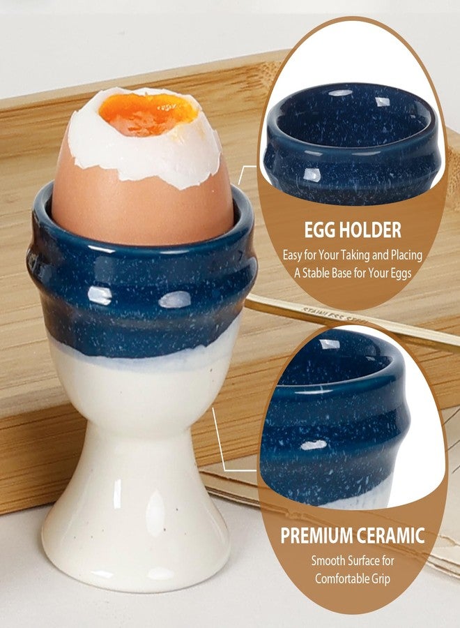 INGOFIN 4 Pcs Ceramic Egg Cups, Egg Holder for Soft and Hard Boiled Eggs, Store and Serve Easter Egg Holder, Tray Kitchen Gadgets Tools, for Home Breakfast & Cafe Decor, Blue&Beige - Image 3