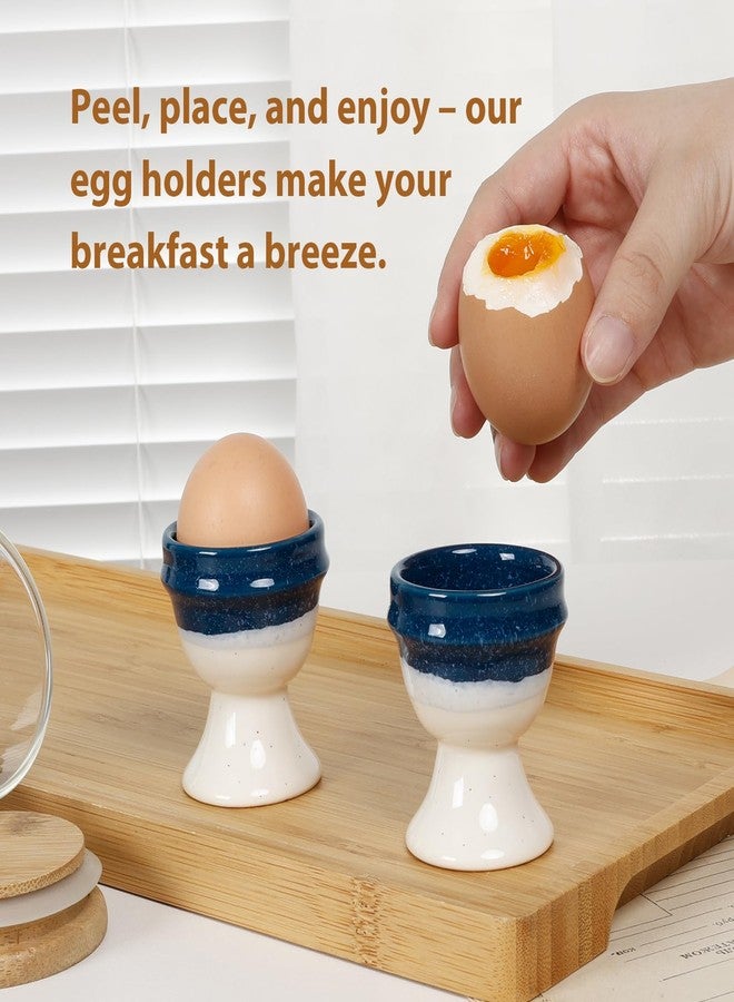 INGOFIN 4 Pcs Ceramic Egg Cups, Egg Holder for Soft and Hard Boiled Eggs, Store and Serve Easter Egg Holder, Tray Kitchen Gadgets Tools, for Home Breakfast & Cafe Decor, Blue&Beige - Image 4