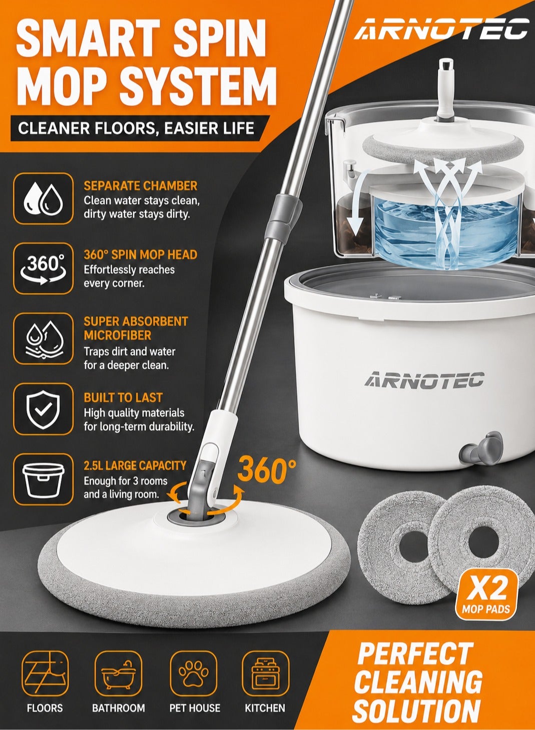 Bucket Quick Spin Mop with 2 Microfiber Wet Dry Mophead Floor Cleaning pocha Extendable Handle Removable Wringer 360° Floor Cleaner Mopping Set Reversible