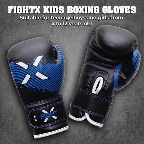 FightX قفازات الملاكمة للأطفال FightX من 3-8 سنوات 4 6 أونصات تدريب MMA للأولاد والبنات قفازات لكمة للتدريب، كيس اللكم، موياي تاي، MMA (أزرق، 4 أونصات) - Image 5