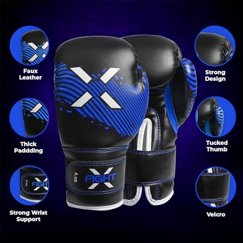 FightX قفازات الملاكمة للأطفال FightX من 3-8 سنوات 4 6 أونصات تدريب MMA للأولاد والبنات قفازات لكمة للتدريب، كيس اللكم، موياي تاي، MMA (أزرق، 4 أونصات) - Image 2