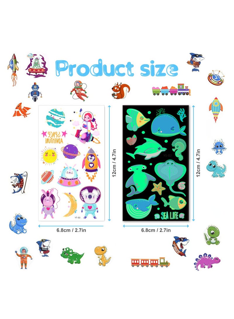 قوس قزح أورينبو وشم مؤقت للأطفال 40 ورقة تتوهج في الظلام، ملصقات وشم كرتونية مختلطة الأنماط، وشم مضيء مع حيوانات قرش وديناصور وشم روبوت فضائي مزيف لمستلزمات الحفلات - Image 3