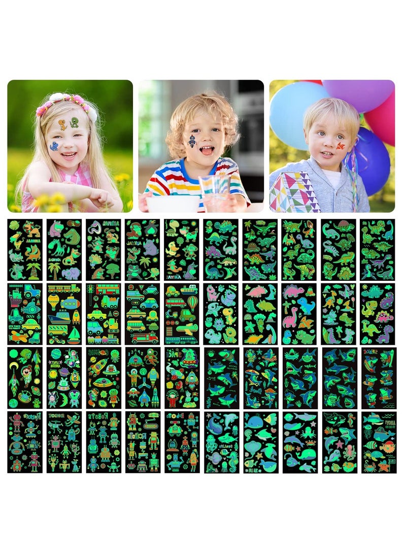 قوس قزح أورينبو وشم مؤقت للأطفال 40 ورقة تتوهج في الظلام، ملصقات وشم كرتونية مختلطة الأنماط، وشم مضيء مع حيوانات قرش وديناصور وشم روبوت فضائي مزيف لمستلزمات الحفلات - Image 1