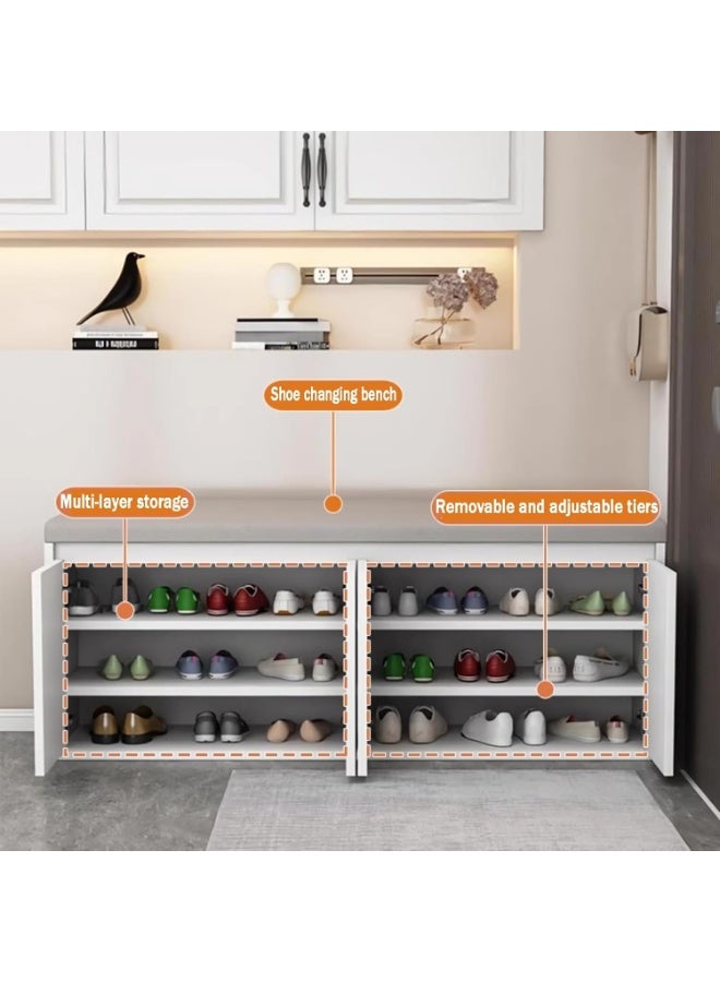 إيونتو مقعد تخزين أحذية مع 4 خزائن بأبواب متأرجحة ومساحة تخزين مخفية للمقاعد - مقعد أحذية مدخل من خشب MDF بطول 120 سم مع وسادة جلدية ناعمة، يتحمل حمولة 250 كجم، وأرفف قابلة للإزالة - Image 3