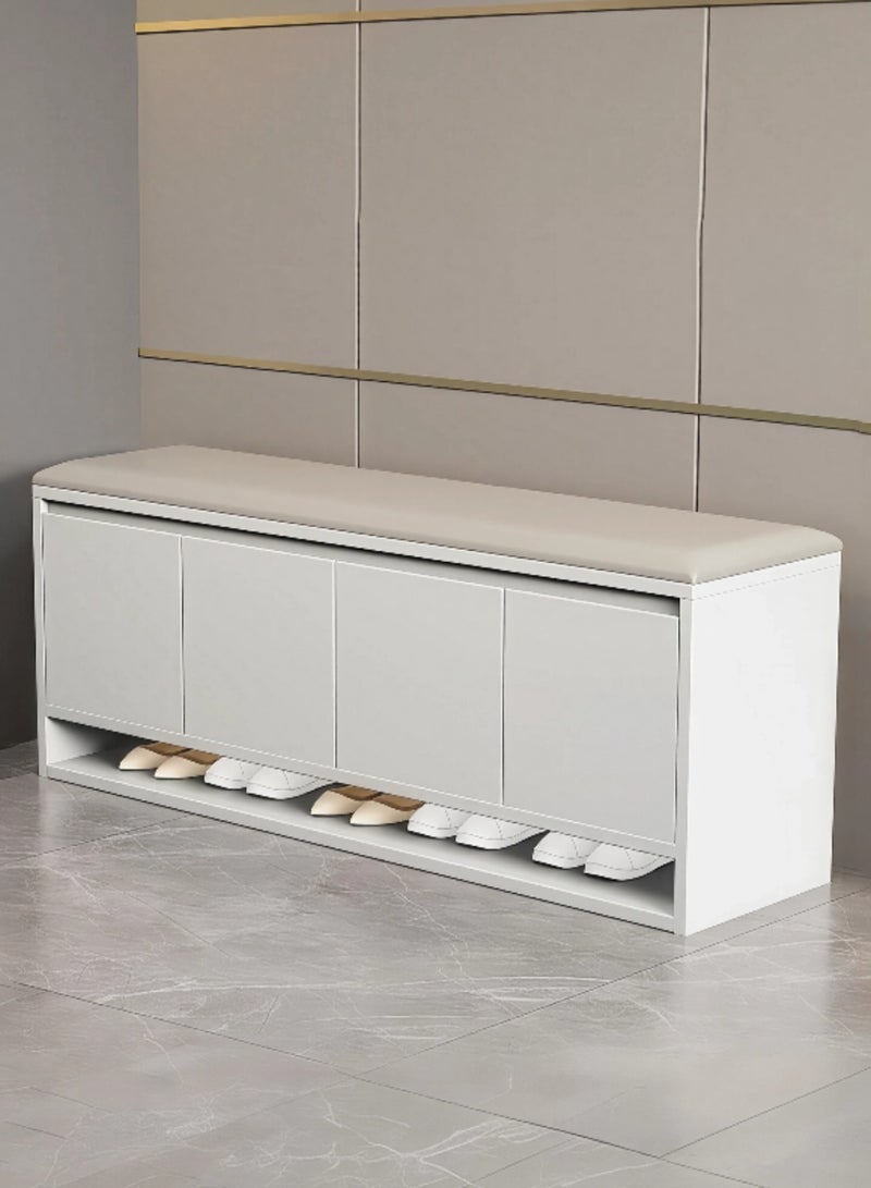 إيونتو مقعد تخزين أحذية مع 4 خزائن بأبواب متأرجحة ومساحة تخزين مخفية للمقاعد - مقعد أحذية مدخل من خشب MDF بطول 120 سم مع وسادة جلدية ناعمة، يتحمل حمولة 250 كجم، وأرفف قابلة للإزالة - Image 1