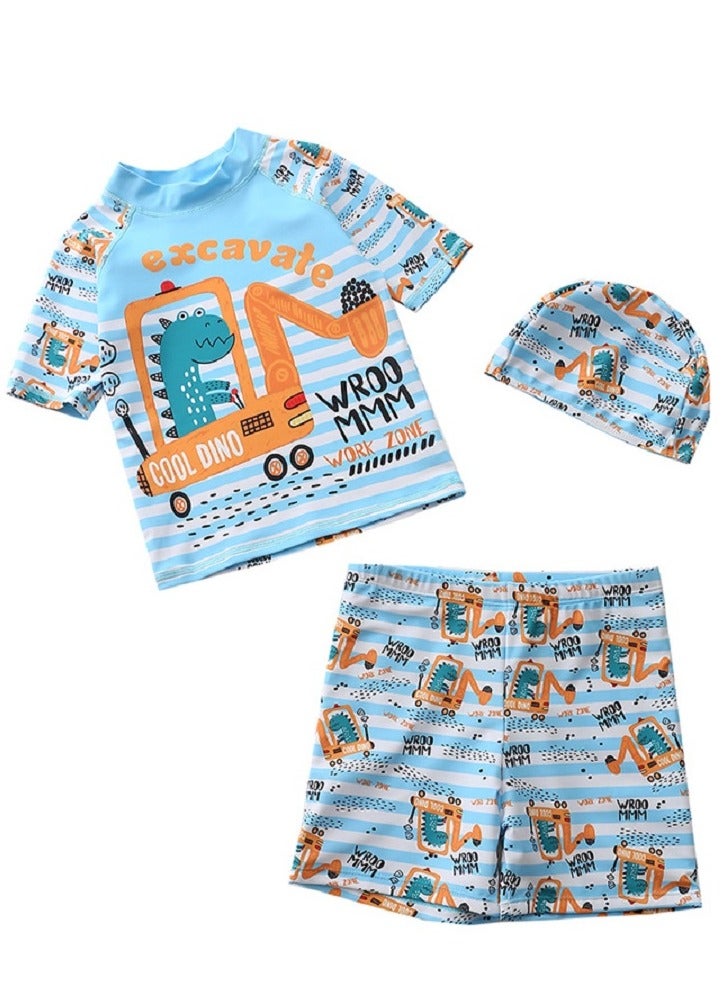 3-piece fashionable boy cartoon printed one piece swimsuit short sleeved sun protection children's water sports with hat 120-130cm