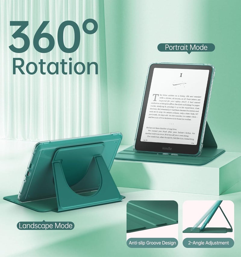 MoKo 360° Rotating Case for 7" Kindle Paperwhite 12th Generation 2024 & Kindle Colorsoft 2024/2025, Clear Back Detachable Magnetic Protective Adjustable Stand Cover with Auto Wake/Sleep, Jade Green - Image 4