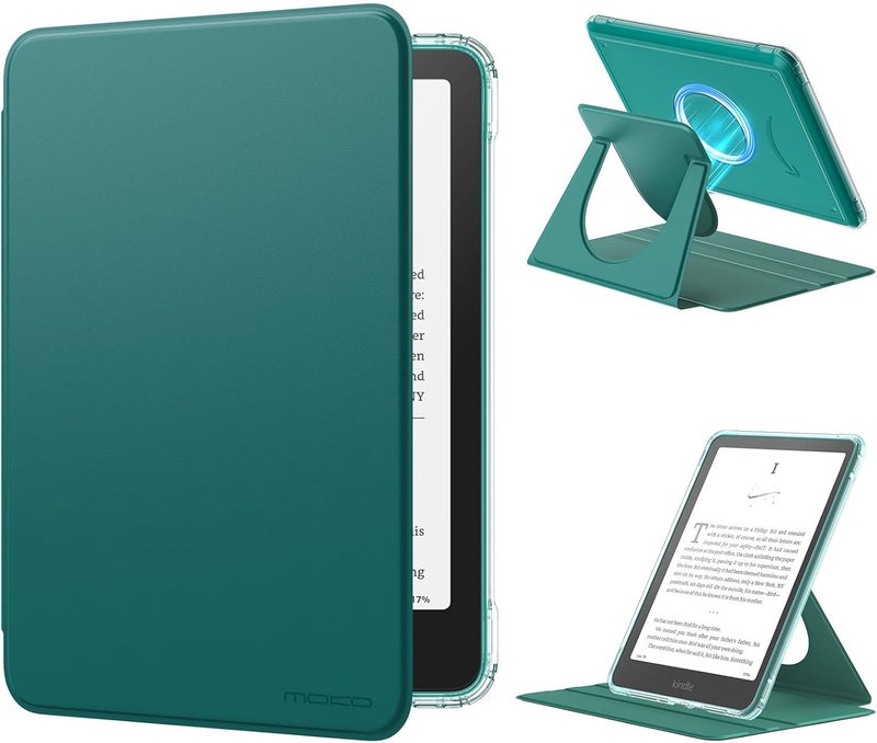 MoKo 360° Rotating Case for 7" Kindle Paperwhite 12th Generation 2024 & Kindle Colorsoft 2024/2025, Clear Back Detachable Magnetic Protective Adjustable Stand Cover with Auto Wake/Sleep, Jade Green - Image 1