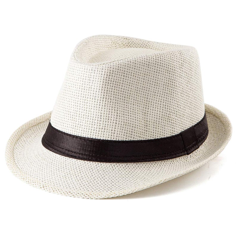 LADYBRO Straw Fedora Hats for Women Men Milky White Short Brim Sun Trilby Summer, 7 1/4 - Image 1
