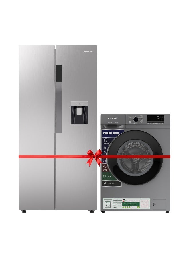 NIKAI ثلاجة نيكاي 750 لتر جنبًا إلى جنب NRF750SBD5 + غسالة تحميل أمامي 7 كجم NWM701FN9S (فضي) حزمة | ضاغط عاكس، شاشة عرض درجة الحرارة، غسيل بالبخار، 16 برنامج - Image 1