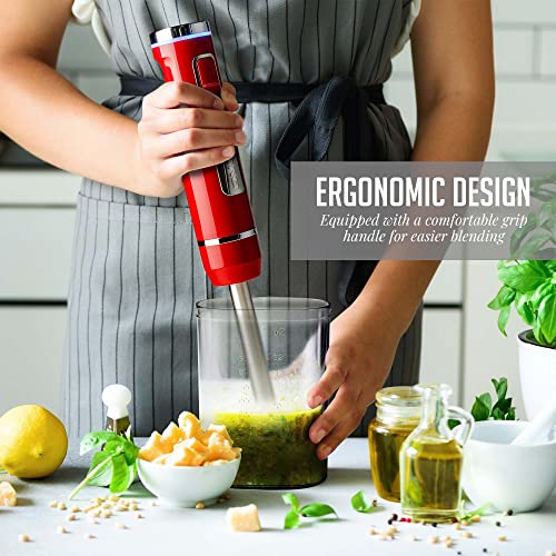 OVENTE Cordless Immersion Hand Blender, Rechargeable Handheld Portable Stick Mixer with 8 Mixing Speed Option, One-Touch Control and Stainless Steel Blades for Smoothies, Shakes or Soups, Red HR781R - Image 2