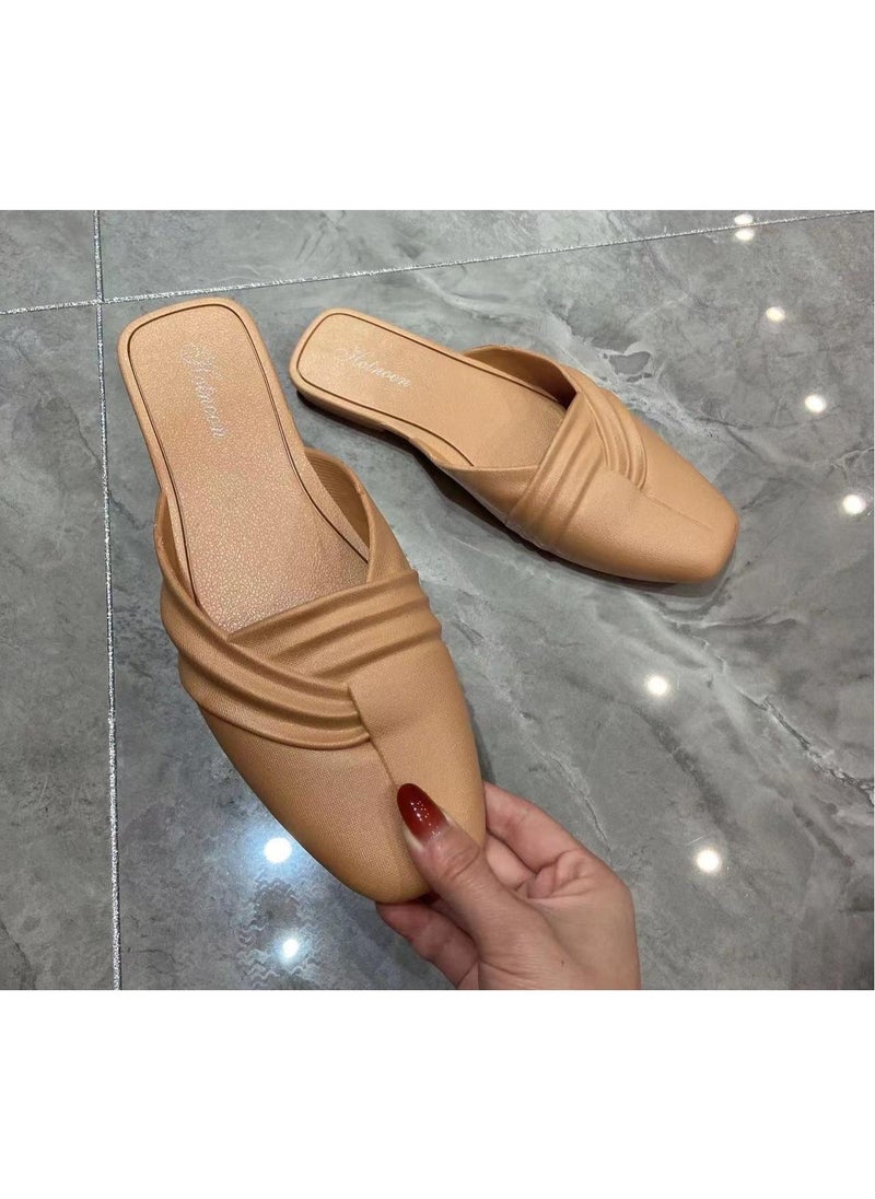 NIBEMINENT Women's  Summer  Fashion Solid Color Pointed Head Half Drag Thick Heel Women's Shoes Hollow Out Low Heel Sandals 