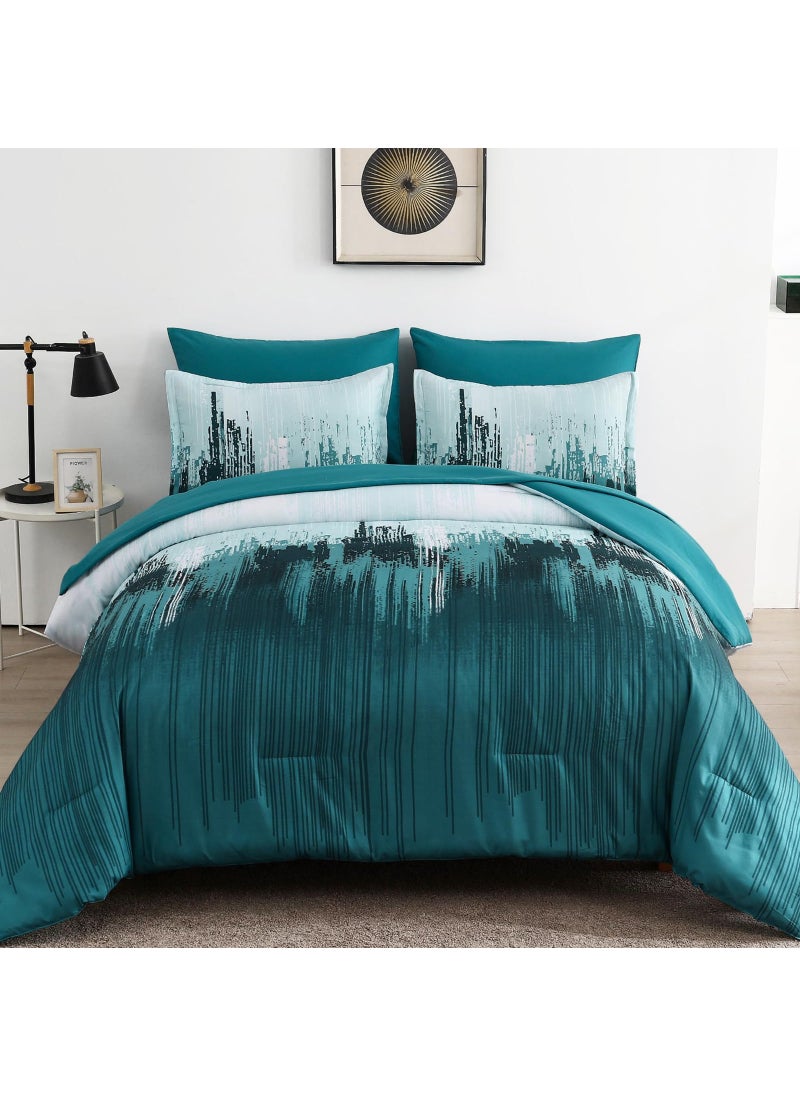 WONGS BEDDING WONGS BEDDING Comforter Set King  Teal Green 7 Pieces Bed in a Bag Colorful Abstract Art Gradient Comforter Soft Microfiber Bedding Set with Comforter  Flat Sheet Fitted Sheet Pillow Shams Pillowcases  - Image 1