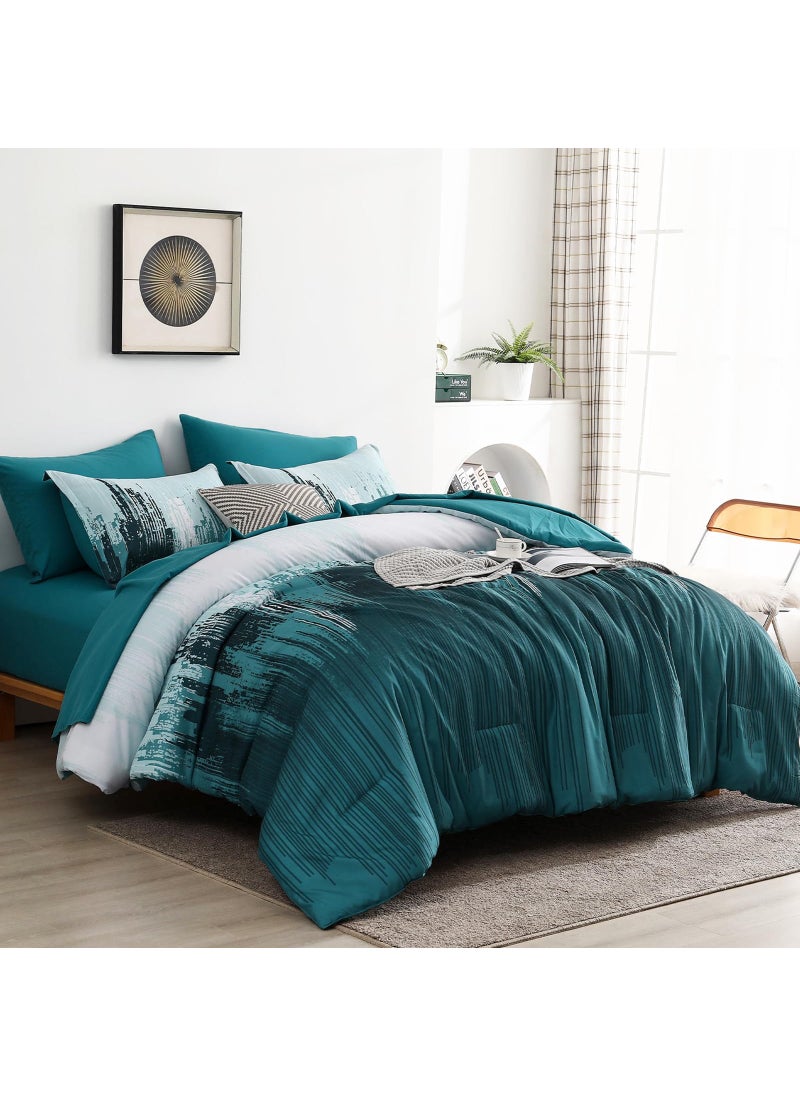 WONGS BEDDING WONGS BEDDING Comforter Set King  Teal Green 7 Pieces Bed in a Bag Colorful Abstract Art Gradient Comforter Soft Microfiber Bedding Set with Comforter  Flat Sheet Fitted Sheet Pillow Shams Pillowcases  - Image 2