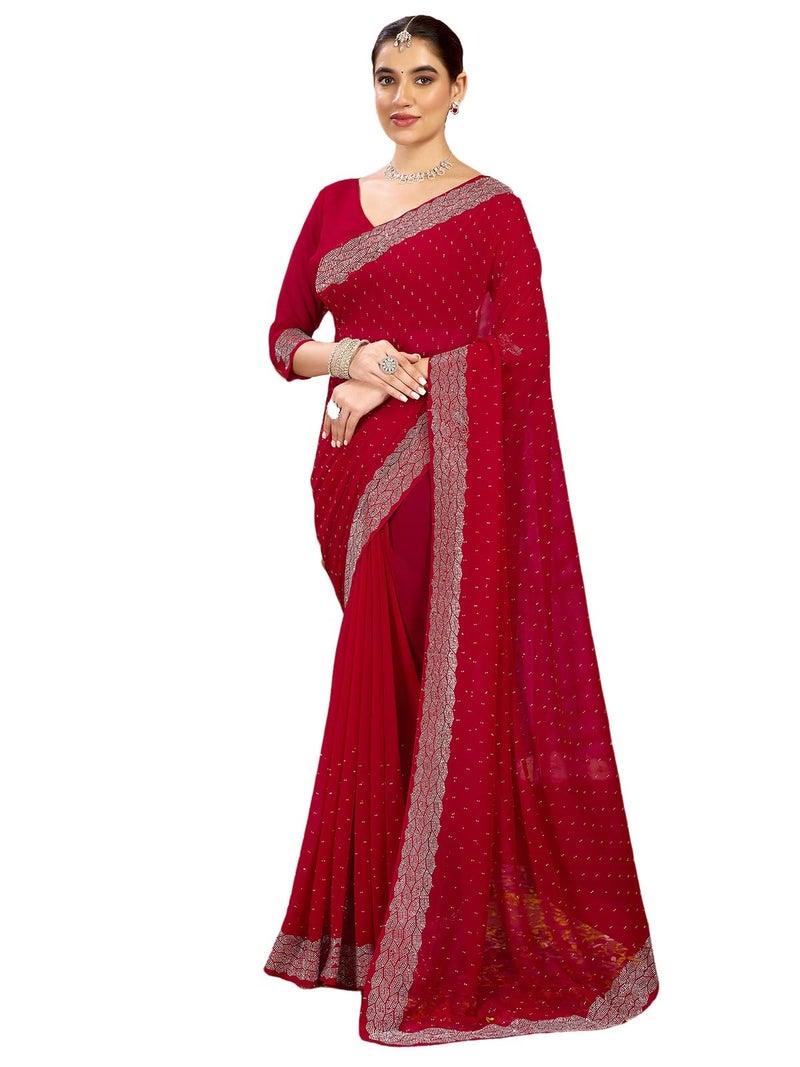 Satrani Women's Georgette Stone Work Saree with Unstitched Blouse Piece (4085S184N_Red1) - Image 1