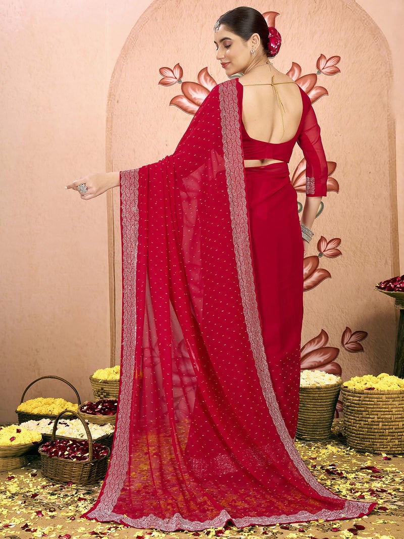 Satrani Women's Georgette Stone Work Saree with Unstitched Blouse Piece (4085S184N_Red1) - Image 3