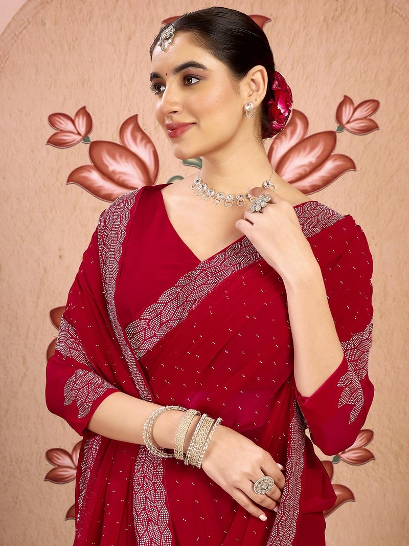 Satrani Women's Georgette Stone Work Saree with Unstitched Blouse Piece (4085S184N_Red1) - Image 4
