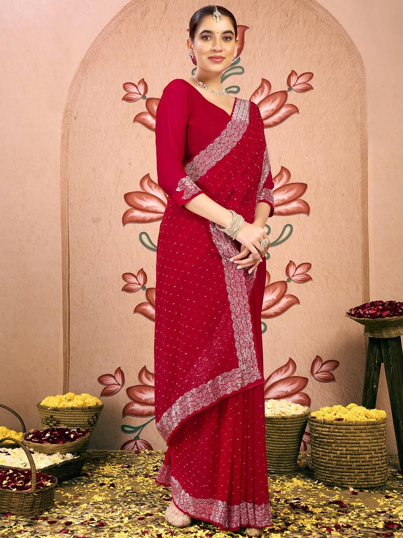 Satrani Women's Georgette Stone Work Saree with Unstitched Blouse Piece (4085S184N_Red1) - Image 2