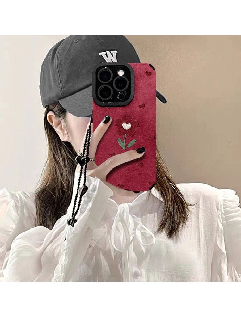 NIBEMINENT Love Red Flower Protective TPU Case Cover For iPhone 17 Pro Max, Pink Suede With Bracelet