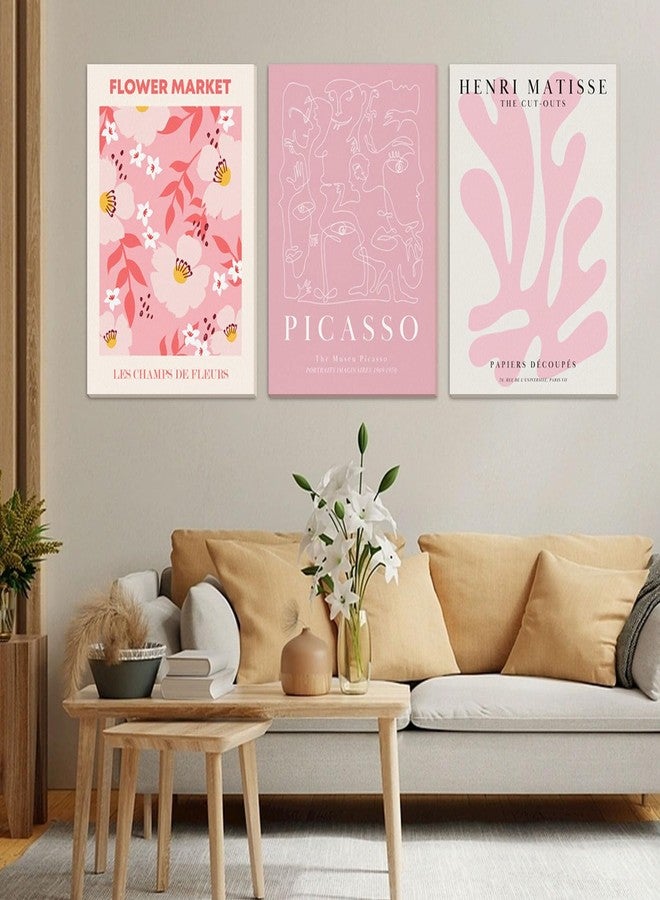 Djmwtb لوحة جدارية وردية اللون من ثلاث قطع من تصميم Djmwtb، مستوحاة من أعمال ماتيس الفنية على قماش الكانفاس، ومطبوعات بيكاسو، وديكور جداري مستوحى من سوق الزهور، لوحات فنية لطيفة، أعمال فنية تجريدية لغرفة نوم الفتيات، مقاس 12 × 16 بوصة، مؤطرة. - Image 3