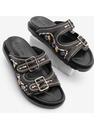 MARJIN Women's Leather Double-Strap Beaded Stone Casual Slippers Ritola