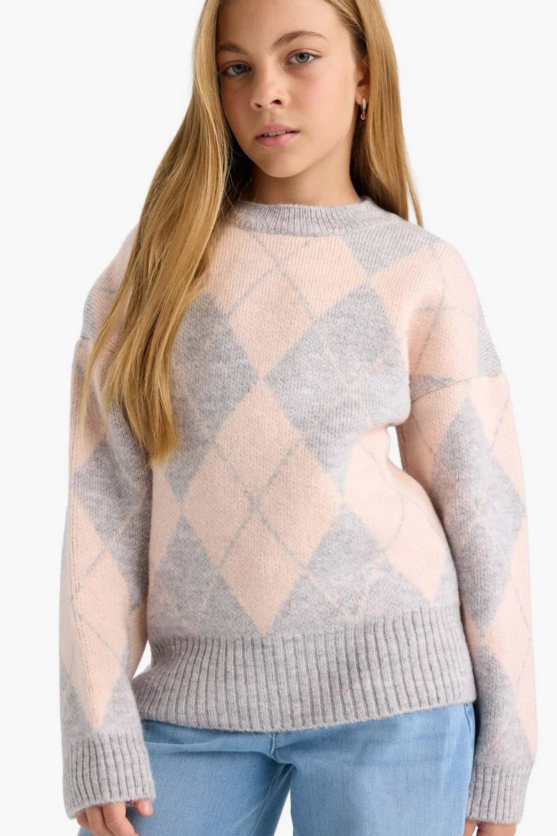 DeFacto Girl Oversize Printed Crew Neck Knitted Pullover