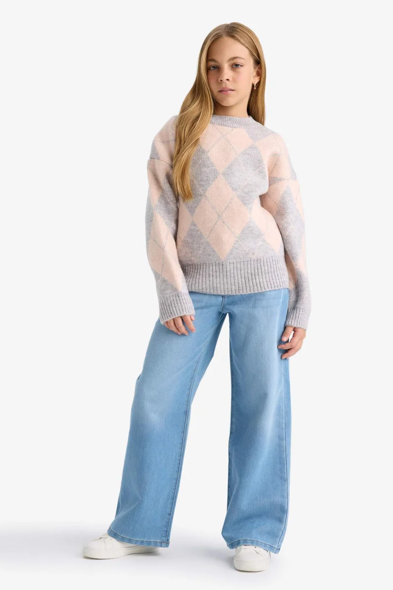 DeFacto Girl Oversize Printed Crew Neck Knitted Pullover