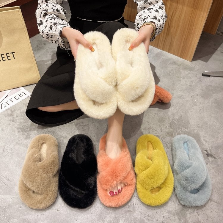 Furry Slippers For Women'S Outer Wear Internet Celebrity Large Size Warm Outer Wear Cross Furry Slippers - Image 2
