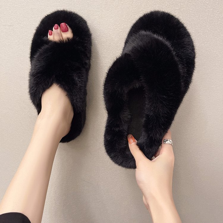 Furry Slippers For Women'S Outer Wear Internet Celebrity Large Size Warm Outer Wear Cross Furry Slippers - Image 3