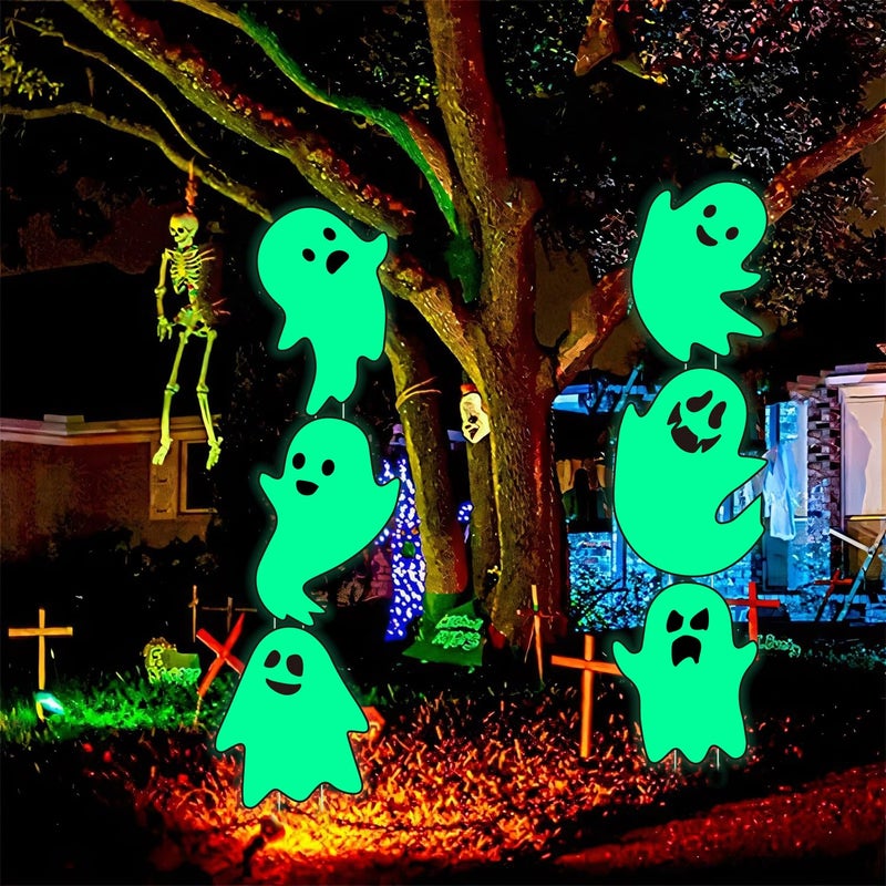 CiniQy 6Pcs Halloween Ghost Yard Stakes Glow in The Dark 17x12 Large Light Up Scary Ghost Decorations for Outdoor Lawn Porch Cemetery and Indoor Haunted House Displays Waterproof and Easy Setup - Image 2