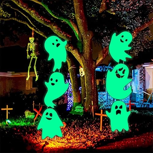 CiniQy 6Pcs Halloween Ghost Yard Stakes Glow in The Dark 17x12 Large Light Up Scary Ghost Decorations for Outdoor Lawn Porch Cemetery and Indoor Haunted House Displays Waterproof and Easy Setup - Image 1