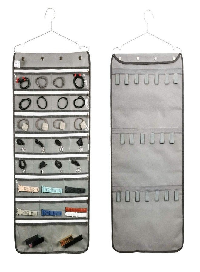 ANIZER Zippered Jewelry Organizer Dual Sided Hanging with Hanger for Travel Home Closet Storage (28 Zippered Clear Pockets and 20 Tape Loops Grey) - Image 1