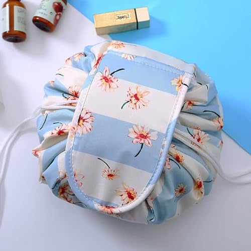 NIRVIK Women’s Portable Waterproof Cosmetic Bag | Lazy Travel Makeup Organizer with Drawstring, Multi-Pocket Toiletry Bag, Compact & Versatile Storage for Makeup & Travel (White-Blue Flower) - Image 4